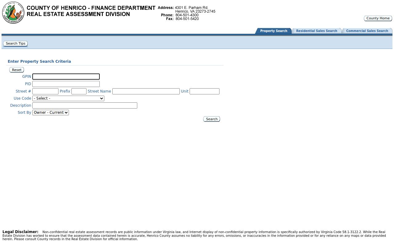 Henrico County residents directory assessment search fields
