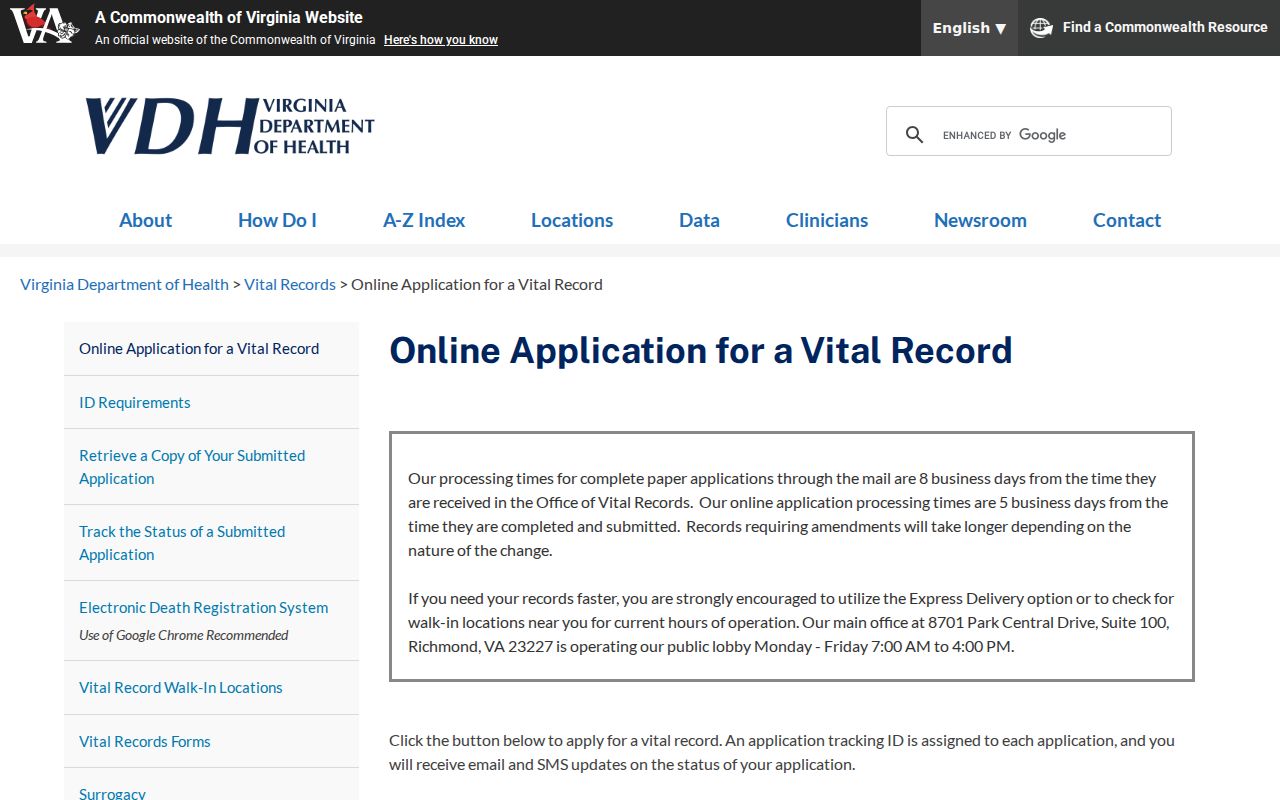 Henrico County residents directory Virginia vital records application