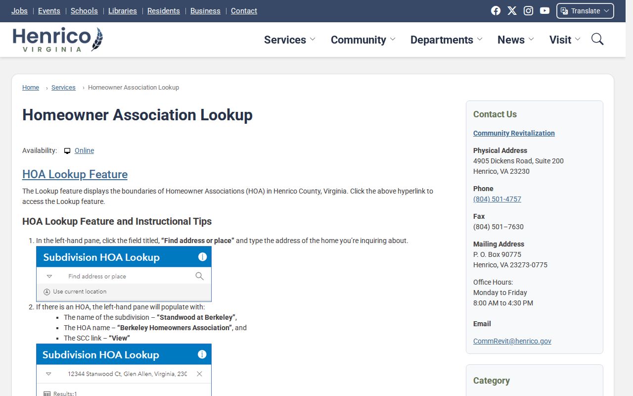 Henrico County neighbors association search with the HOA address lookup