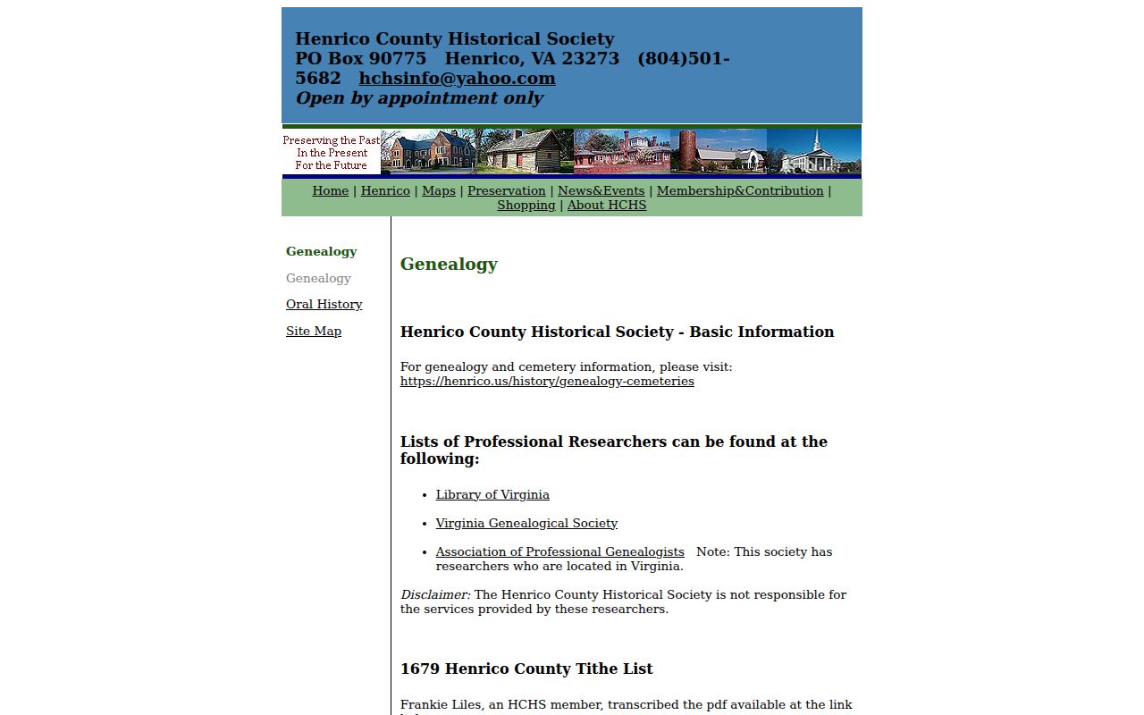 Henrico County previous residents genealogy research with the Henrico Historical Society