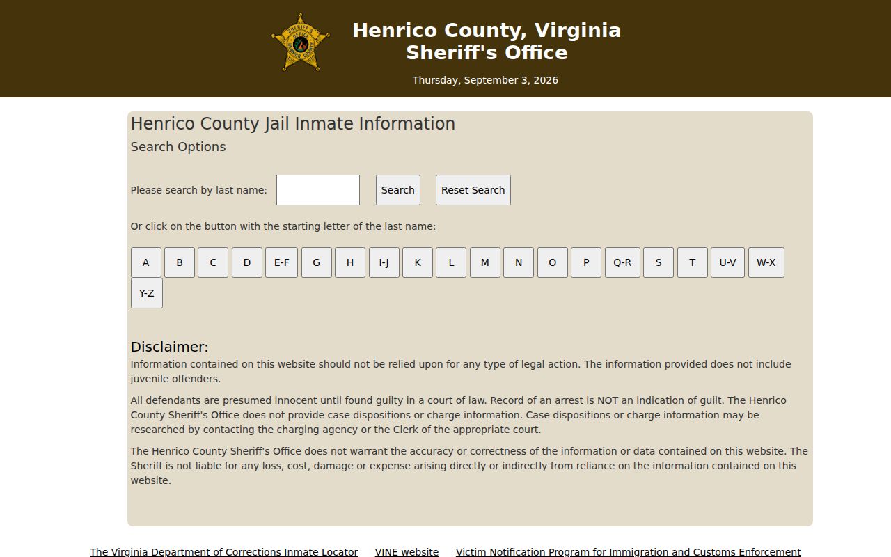 Henrico County resident lookup using the Sheriff roster search