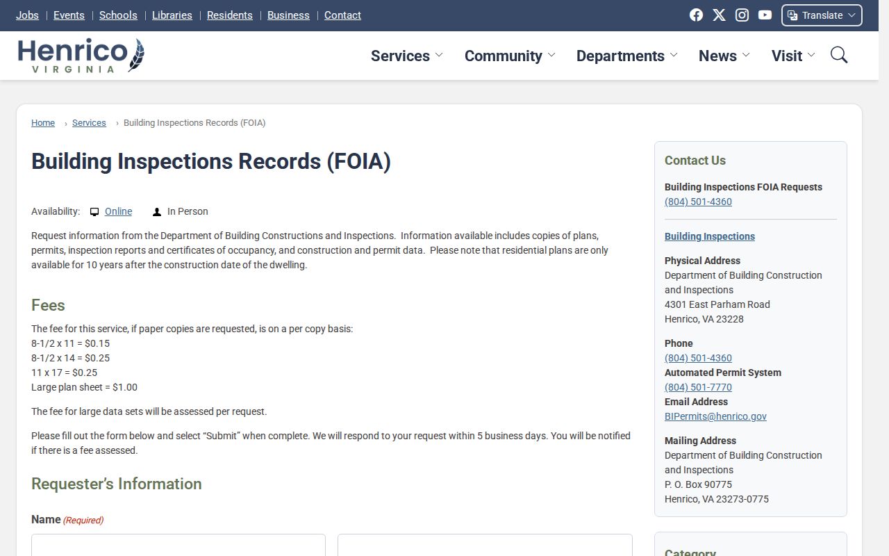 Henrico County street directory building-record request form