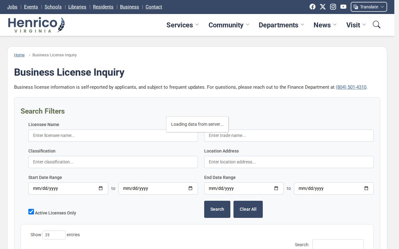 Henrico County ZIP code directory business license inquiry
